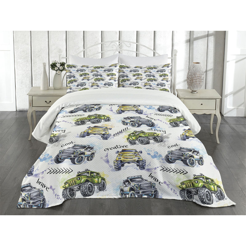 Twin White Quilted Bedspread Set with Monster Truck Design