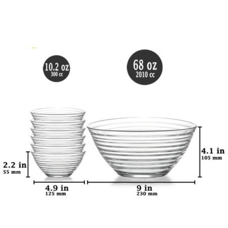 Ensemble de bols de service en verre 7 pièces Lav Edrin, 300 ml et grand bol 2l.