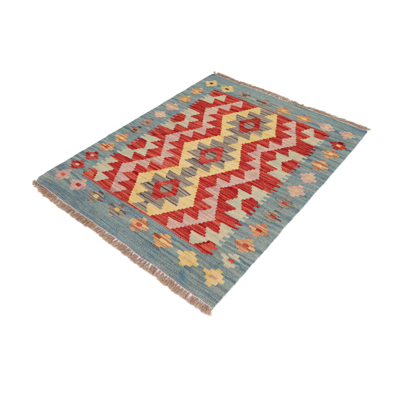 Sansome Geometric Flatweave Rectangle 2'2'' x 2'5'' Wool Area Rug in Red/Blue/Gold