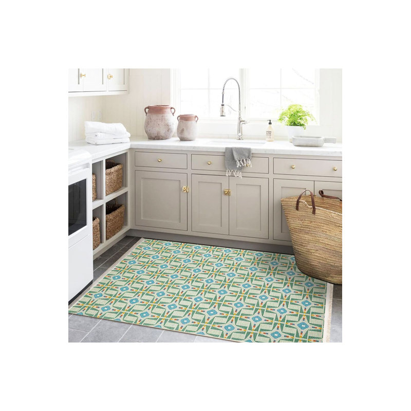 Tapis lavable à la machine à motif rétro de forme mixte bleu vert Paris Collection Paris
