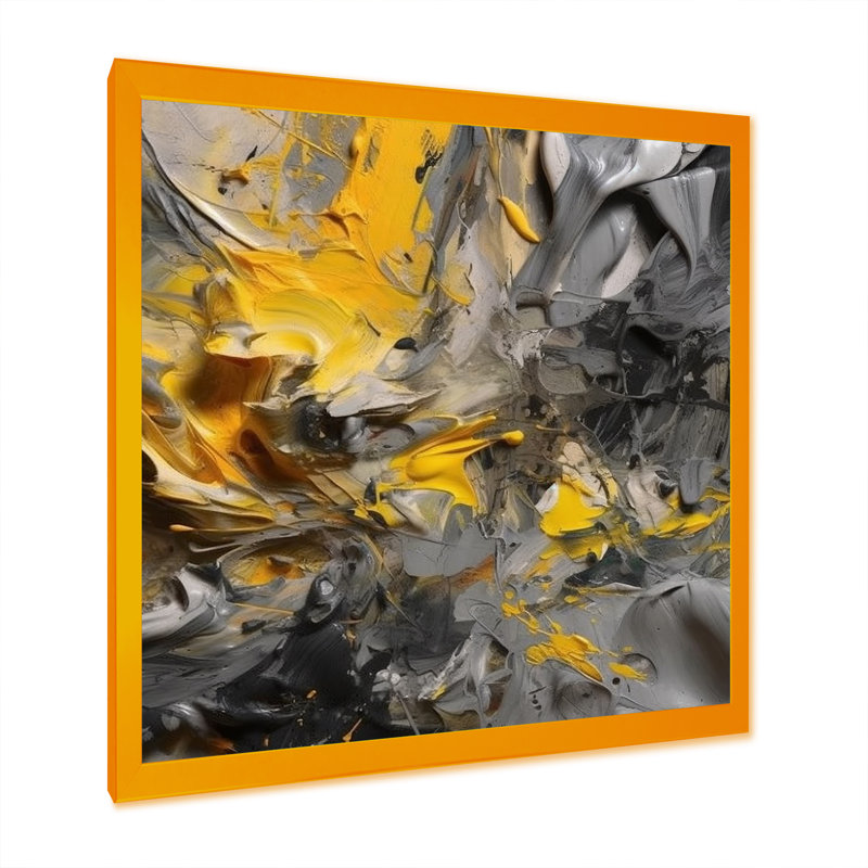Deonka jaune moutarde et gris vif - décoration murale abstraite, Encadrement doré, L 36 po x H 36 po