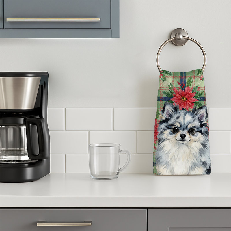 Blue Merle Pomeranian Christmas PoinsettIas Kitchen Towel, Blue Merle Pomeranian