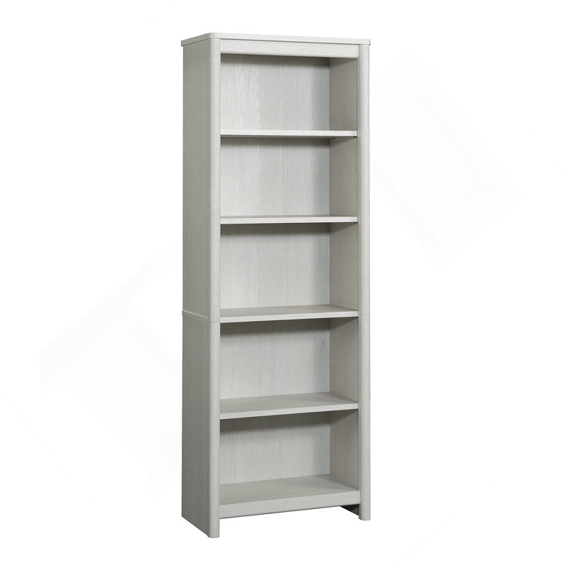 Bibliothèque à 5 tablettes avec tablettes réglables et gestion des câbles, solution de rangement blanche peu encombrante pour la maison ou le bureau.