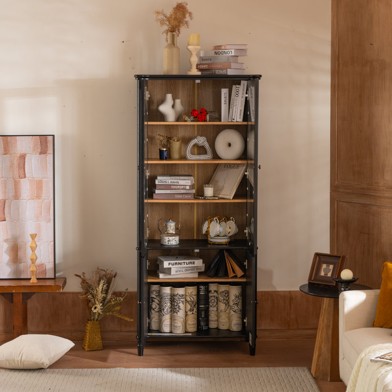  Vitrine 73,25 po avec portes en verre, armoire de rangement Mid-Century avec rangement pour bureau et salon, noir et naturel