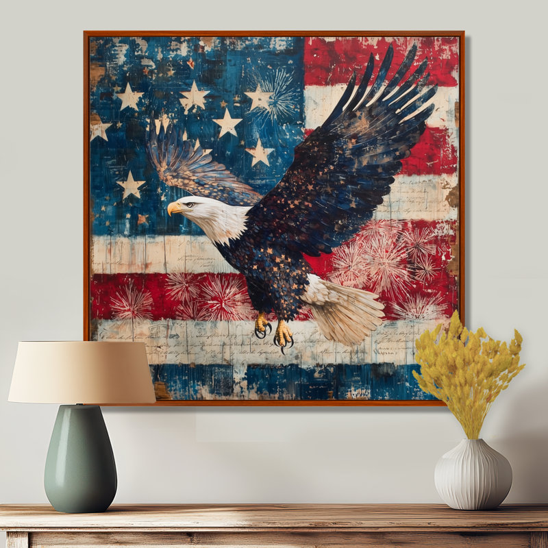 Patriotisme, aigle et drapeau des États-Unis, paysage V - aigle, art mural, Impression encadrée flottante, Brun