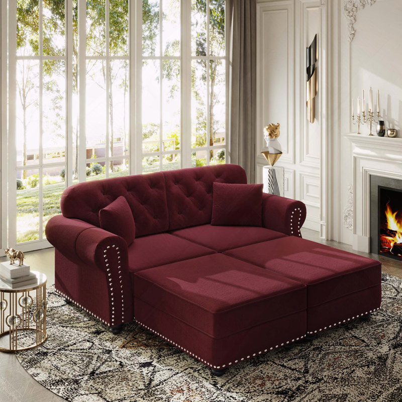 Velours Chesterfield canapé garniture cloutée capitonnée, Bourgogne