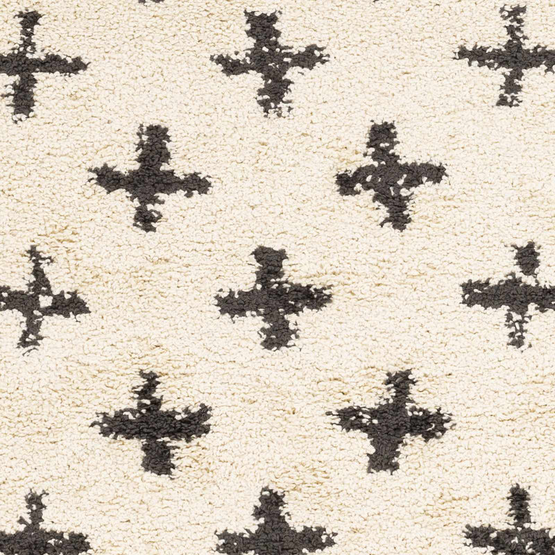 Adeewa Shaggy Performance Beige & Black Tasseled Area Rug, Round 5'3"
