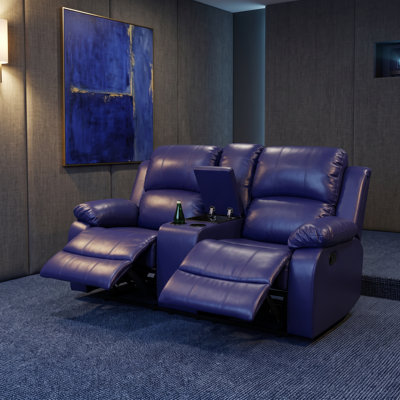 Canapé inclinable 2 places en similicuir, manuel, avec console porte-gobelets, pour salon et salle multimédia, bleu.