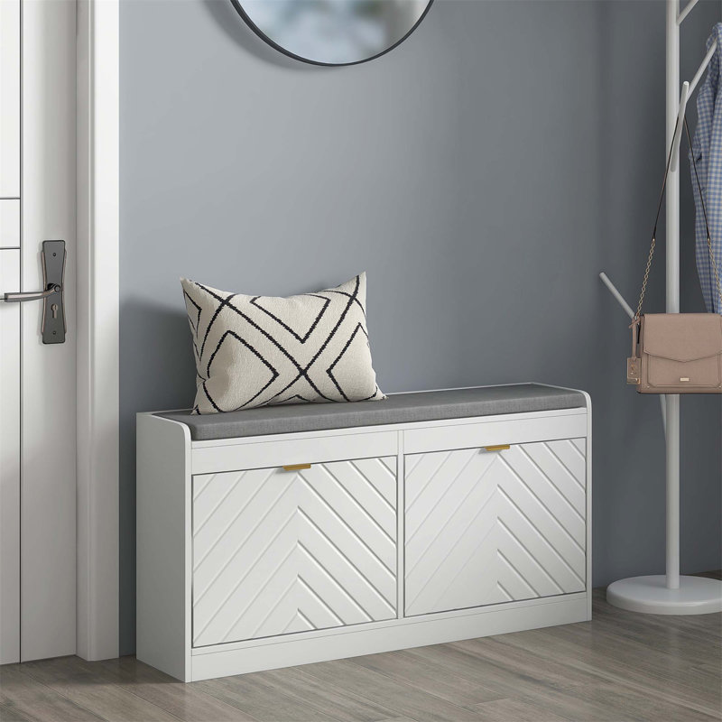 Banc d'entrée pour chaussures avec 2 tiroirs rabattables, un coussin de siège et des évents pour 8 paires de chaussures, parfait pour les couloirs
