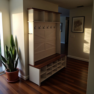 Arbre d'entrée 4-en-1 Farmhouse avec 6 crochets, banc d'entrée en noyer avec tablettes, range-chaussures rustique en bois avec 16 compartiments ouverts pour le vestibule, salon, blanc