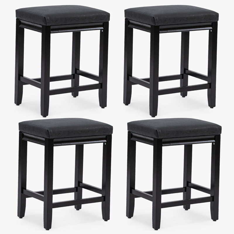 24 Inch Upholstered Faux Leather Soft Cushion Wooden Kitchen Island Counter Height Barstools, Black Leather/Black Frame