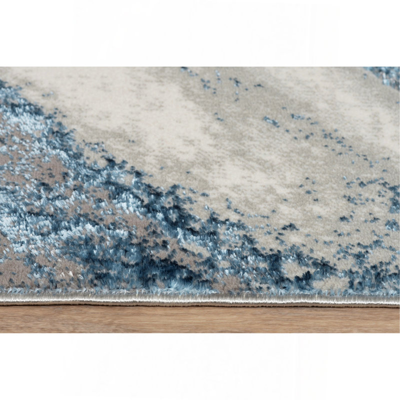 Tapis luxueux au design abstrait bleu et gris, Rectangle 2 pi x 2 pi 12 po