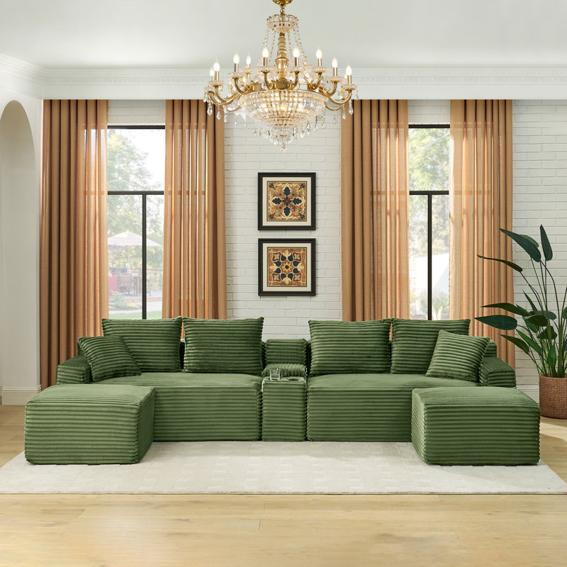 Canapé modulaire en velours côtelé avec console de rangement et USB sans assemblage, Vert