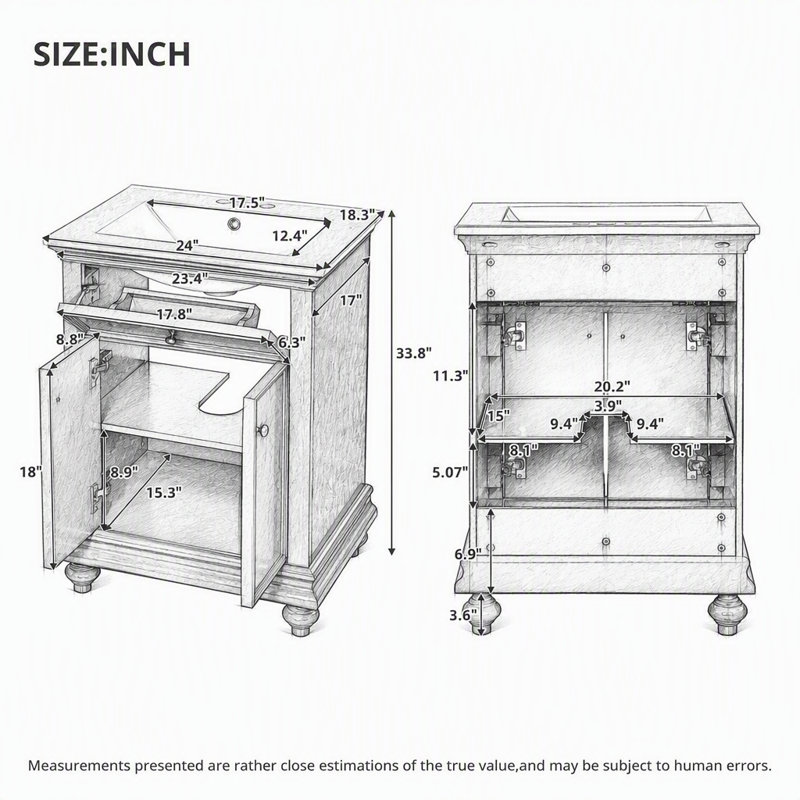 Meuble-lavabo moderne de 61 cm (24 po) avec lavabo en céramique, design à panneaux surélevés et pieds tournés vers le haut, tiroir basculant, étagère réglable et charnières à fermeture douce.