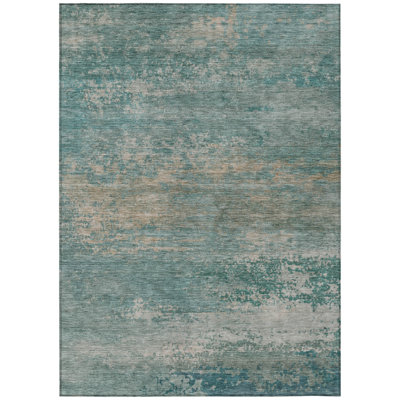 9' X 12' Aqua And Beige Abstract Washable Indoor Outdoor Area Rug