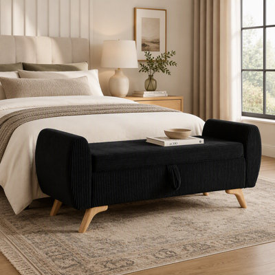 57 Inch Corduroy Storage Bench with Wood Legs and Arc Armrests