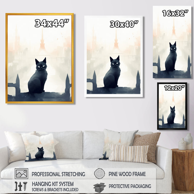 Chat urbain noir - salon d'art mural, H 20 po x l 12 po x P 1 po, Toile avec cadre noir