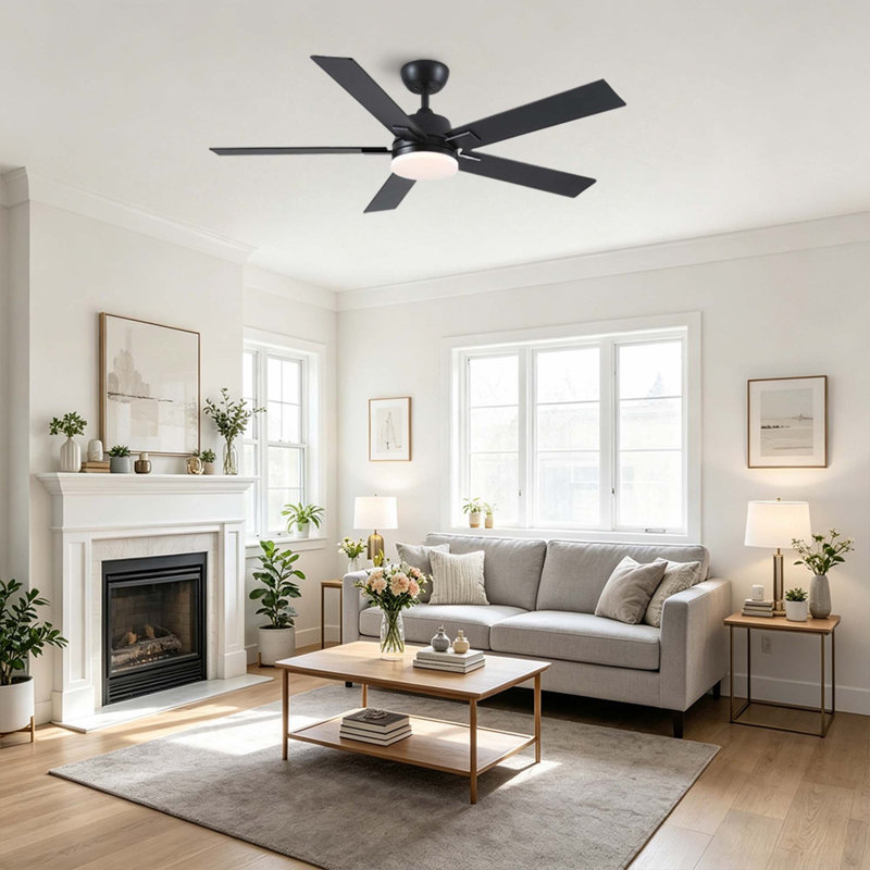 Élégant ventilateur de plafond à fixation verticale avec lumière DEL, moteur réversible et télécommande, Noir mat, Noir mat