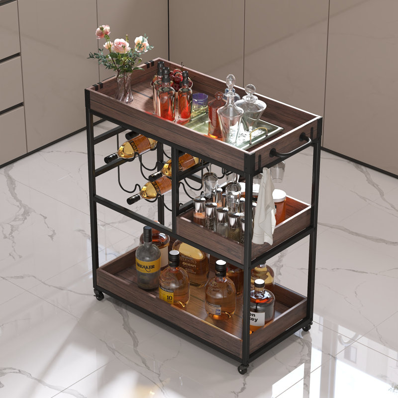 Chariot de service moderne à 3 niveaux avec roulettes verrouillables, chariot à vin avec support en verre pour l'intérieur et l'extérieur