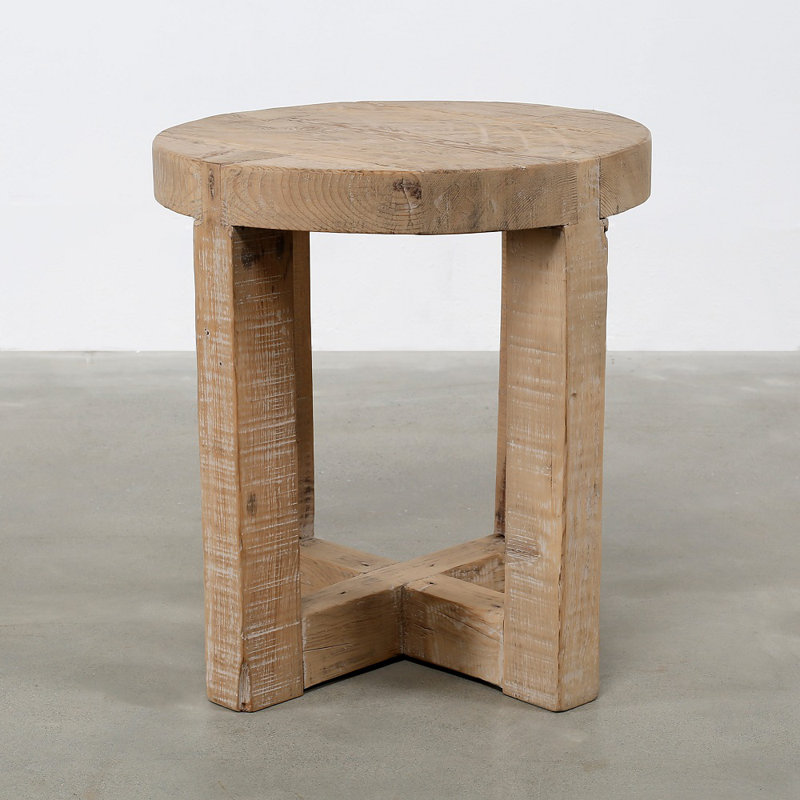 Rustic Round Light-Brown Solid Wood End Table