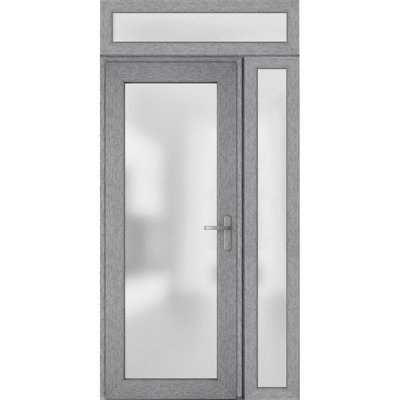 Porte d'entrée extérieure prémontée en PVC-U métallisé, verre dépoli, Manux 8102 Gris Frêne, fenêtres latérales et supérieures, portes extérieures pour bureaux, commerces et habitations, entrée, patio, garage - L 91,4 cm + 36,6 cm x H 203,2 cm + 36,6 cm - Ouverture à gauche vers l'intérieur