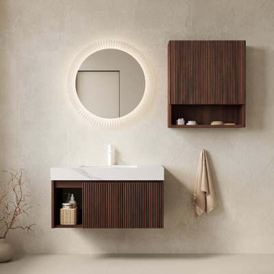 Ensemble de salle de bain EIDEN 36 + TOBI 26, meuble-lavabo de salle de bain mural, plateau en pierre frittée Cal Vein, lavabo en céramique, 1 trou de robinet pré-percé, robinet et drain exclus, couleur grain de bois naturel