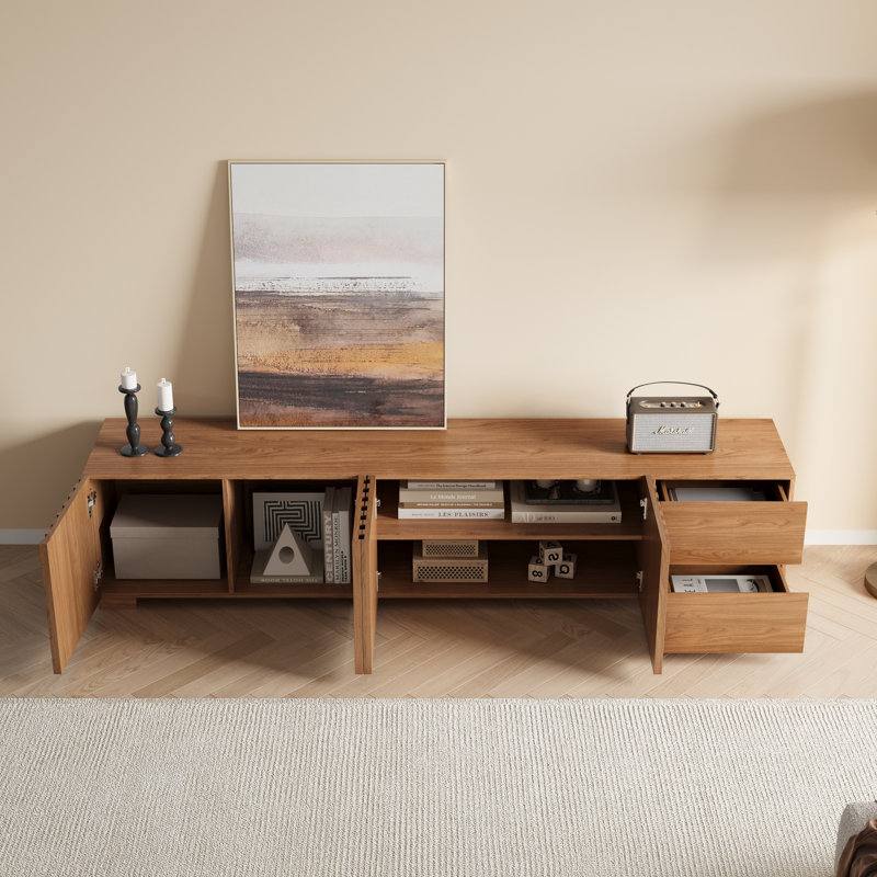 Meuble télé moderne de 78,74 pouces avec finition en chêne élégant et rangement spacieux pour le divertissement dans le salon, console multimédia brune élégante