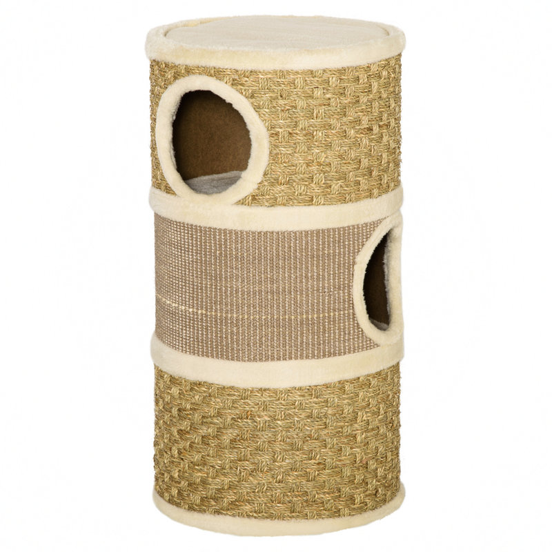 Khaki and Beige Sisal 3-Story Cat Condo with Scratching Pad