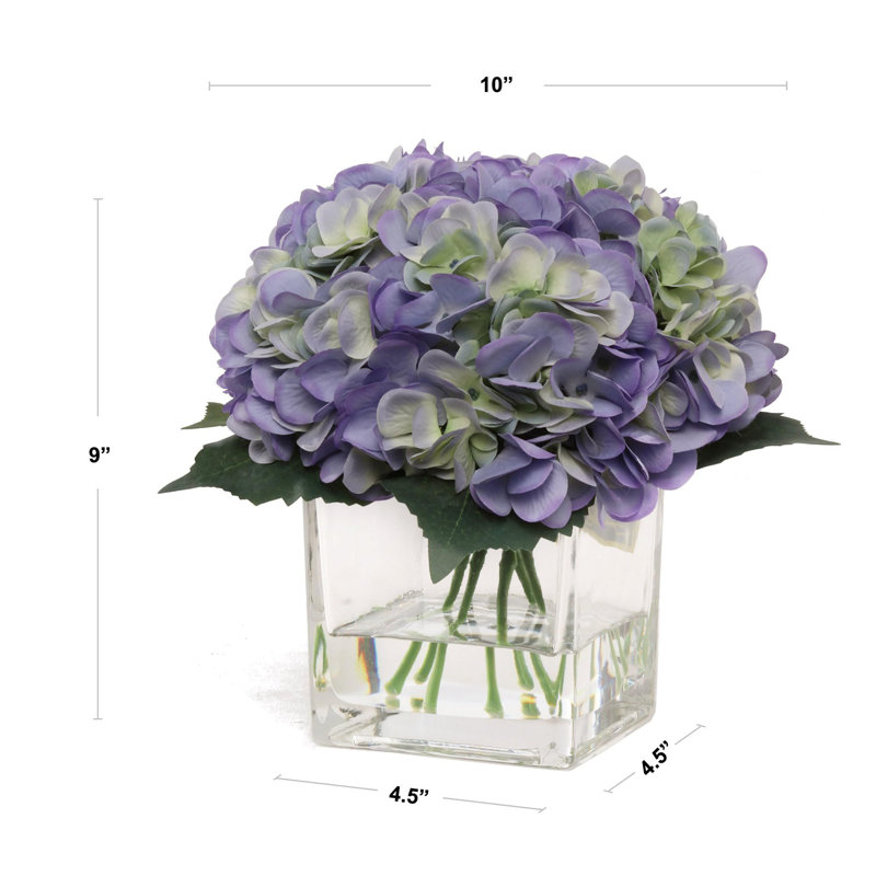 Paquet de 8 hortensias dans un vase en verre avec de l'eau artificielle - Élégante décoration pour la maison et le bureau
