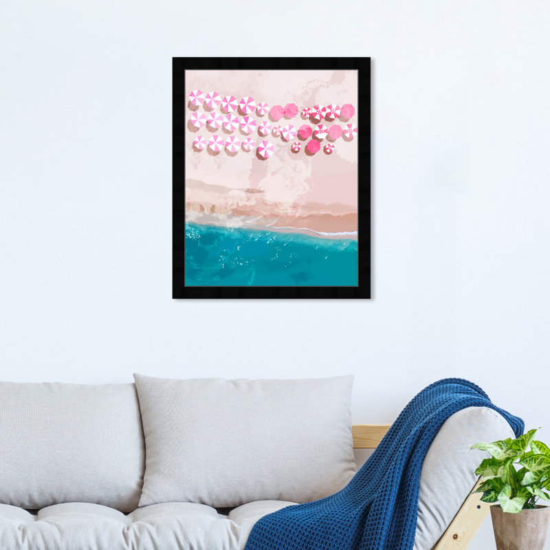 «Beach Front Umbrella», Glam Summer Ocean Coastal Blue - impression encadrée, Cadre noir, L 16 po x H 20 po