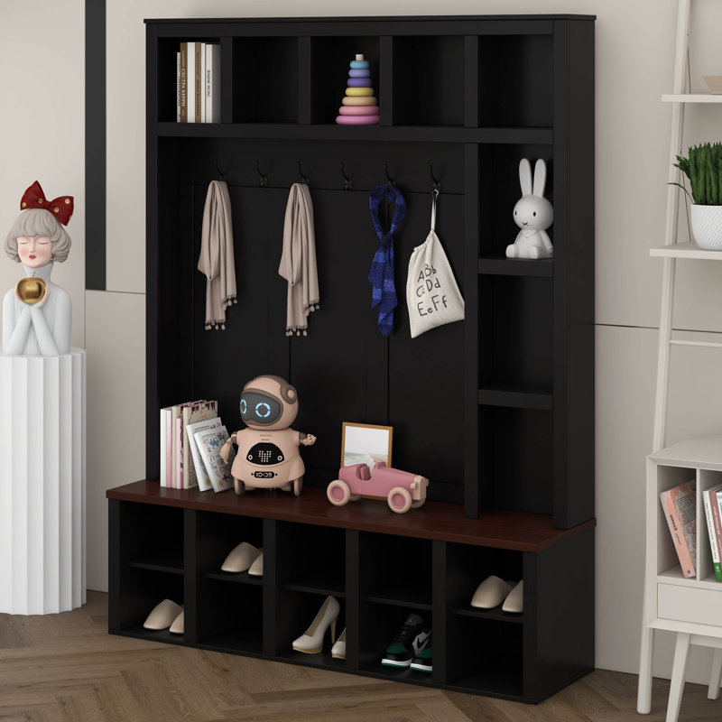 Farmhouse Entryway Bench With Coat Rack, Hall Tree With 6 Hooks, Walnut Storage Bench With Adjustable Shelves, 13 Cubbies