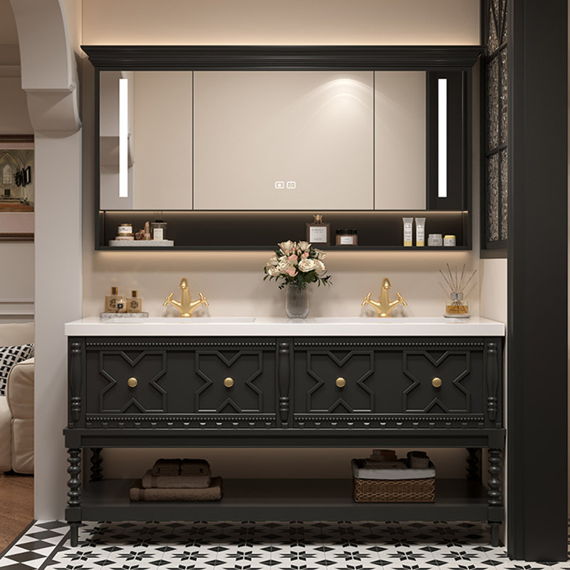 Armoire de salle de bain rétro de style français., H 32,28 po x l 62,99 po x P 21,65 po, Noir