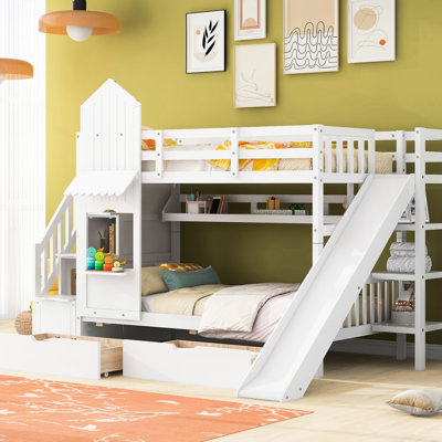 Lit simple superposé de style simple en blanc, 2 tiroirs, 3 tablettes, glissade, clôture en forme de décoration de chambre à coucher