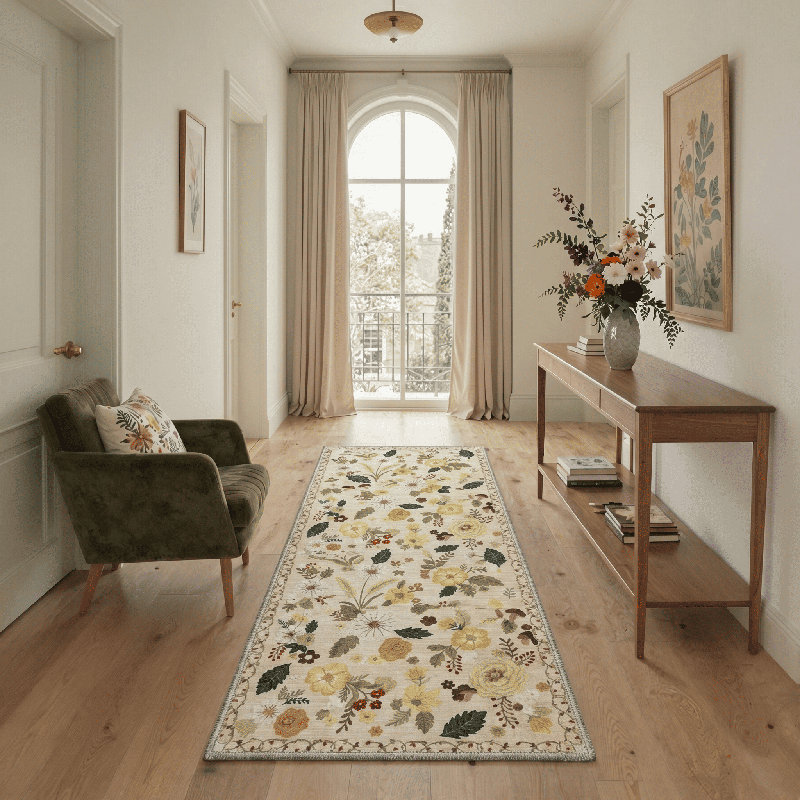 Cogswell Floral Poppy Machine Washable Begie/Green/Yellow Indoor Area Rug With Non-Slip Backing, Runner 2' x 6'