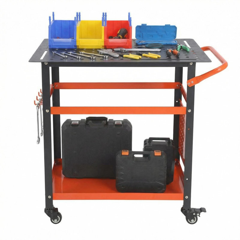 Établi roulant robuste 36 po x 24 po, table de soudage avec plateau en bois d'hévéa, panneau perforé, tablettes de rangement et roues verrouillables pour garage