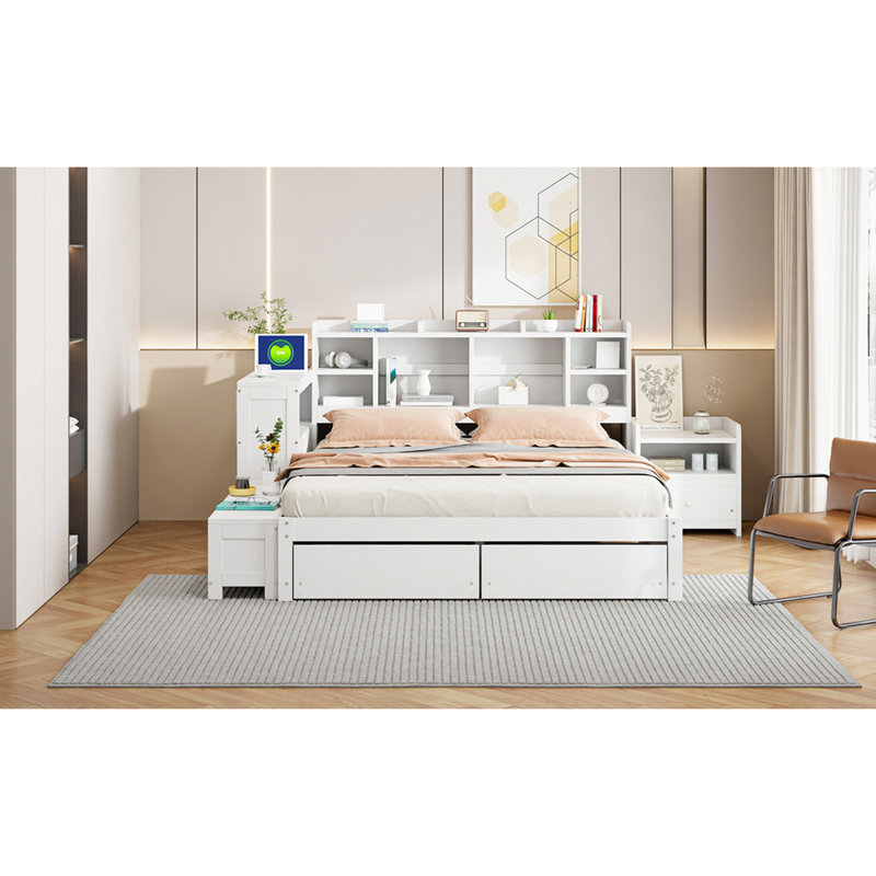 Platform Bed with Multi-functional Storage, White