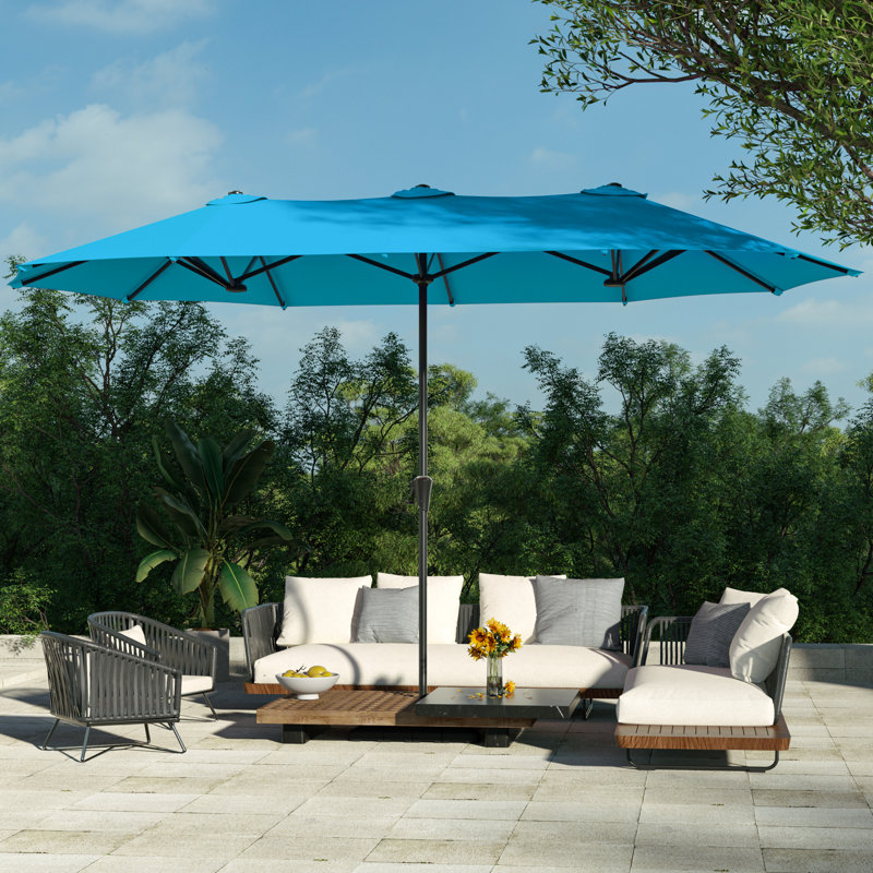 Parasol de table de patio 13x7,2F double face avec auvent résistant aux rayons UV et manivelle pour le jardin, Bleu lac