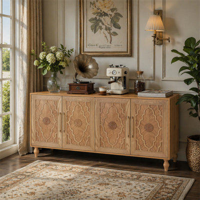 Carved Flower Door Large Storage Cabinet With Metal Handle Suitable For Living Room