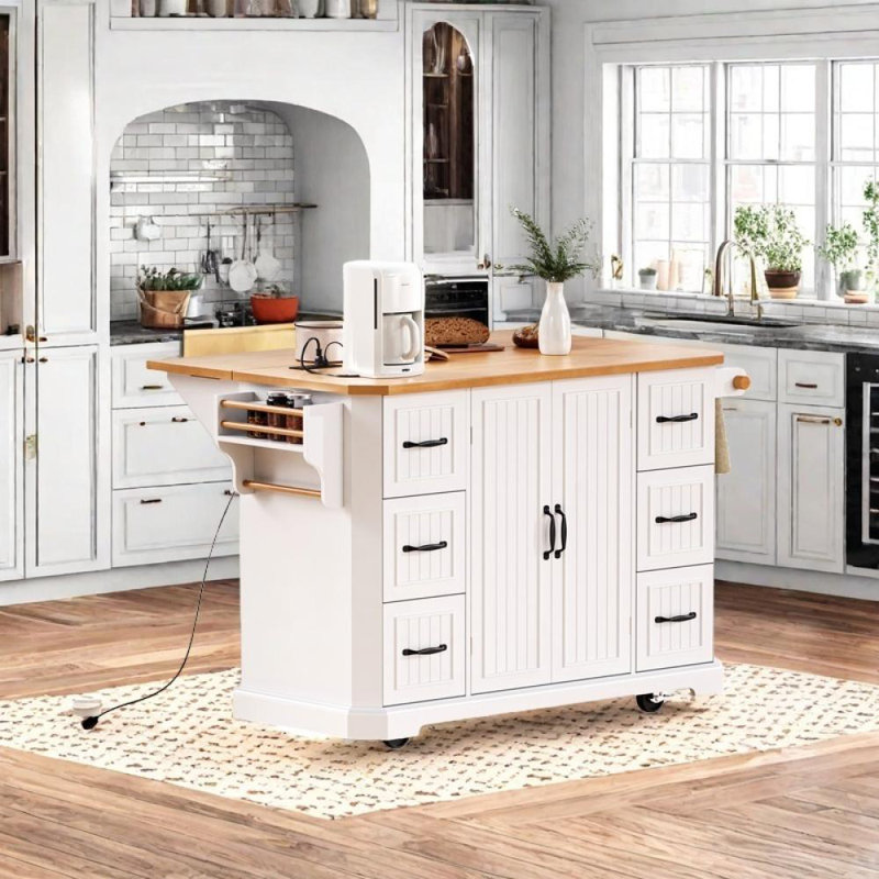 Kitchen Island with Rubber Wood Drop Leaf, White