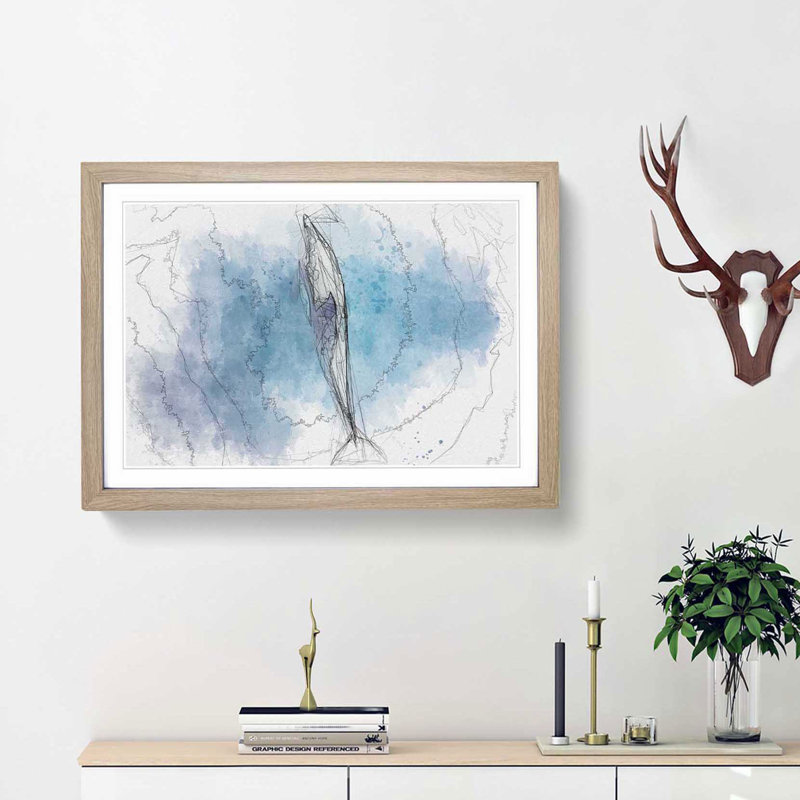 Dolphin Leading the Way in Abstract - Picture Frame Graphic Art Print, Oak Framed, 27cm H x 36cm W x 2cm D
