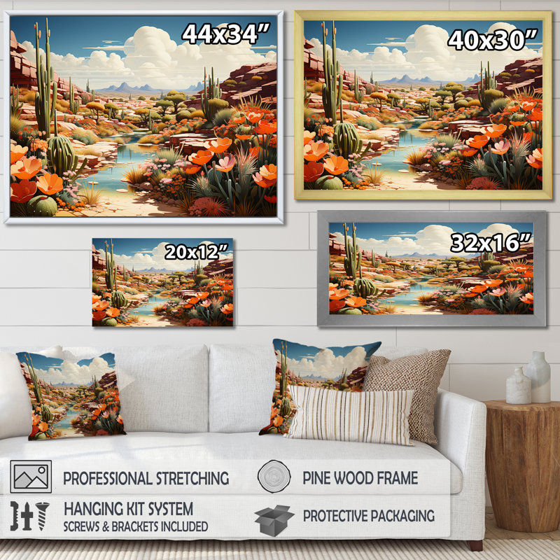 «Native Desert Oasis Blooms I» - art mural désert, Cadre doré à coins fermés, H 12 po x l 20 po x P 1 po