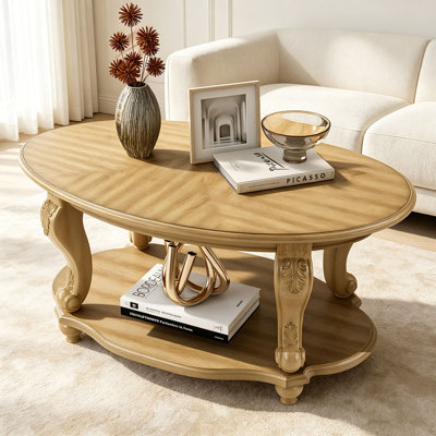 Table basse ovale en bois de 42 po pour le salon, table basse à 2 niveaux en bois massif avec tablette de rangement ouverte, assemblage facile
