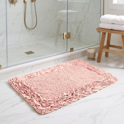 Aveliss 100% Cotton Tufted Bath Rug, Ultra Soft & Absorbent, Spray Latex Backing, Luxurious Ruffle Border, 17" x 24" Rectangle, Pink