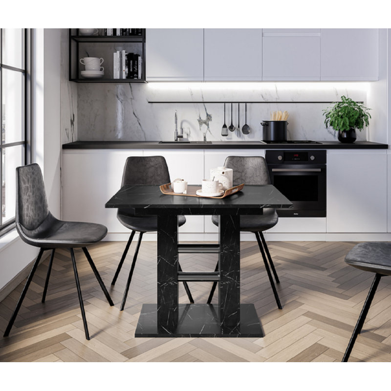 Extendable Dining Table With Marble Effect WILD MINI Small Extending Table 100-140 For 4 Seater, Black 