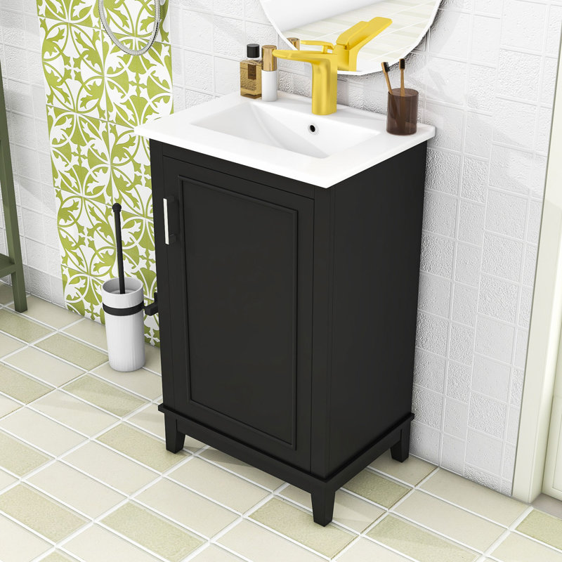 Meuble-lavabo simple autoportant en bois Marsallo avec lavabo en céramique et porte à fermeture en douceur