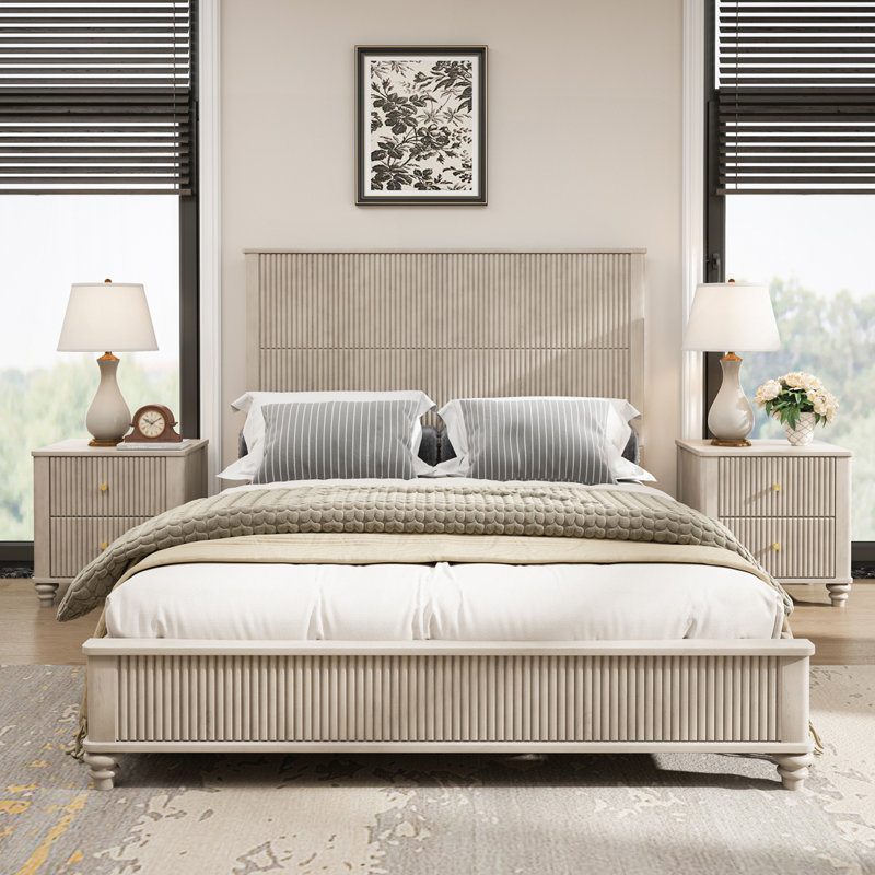 Structure de lit en bois massif avec tête de lit, Grand lit, Beige