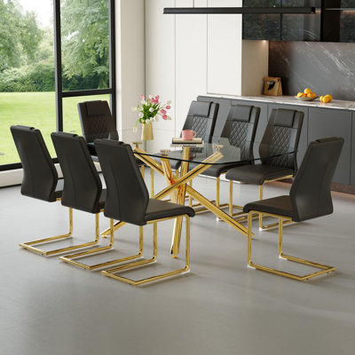 Ensemble de tables de salle à manger 71 "en verre moderne avec chaises en cuir - Ensemble de table de salle à manger de luxe pour 6 à 8 personnes