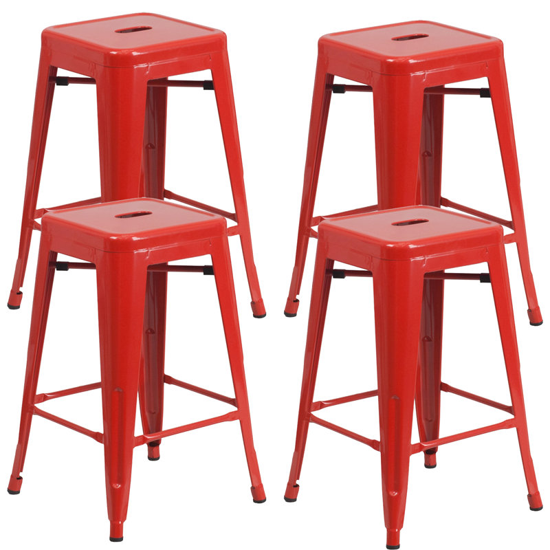 Tabouret de comptoir 24 po avec cadre en métal Juddson, ensemble de 4 tabourets d'intérieur et d'extérieur, Rouge, 4