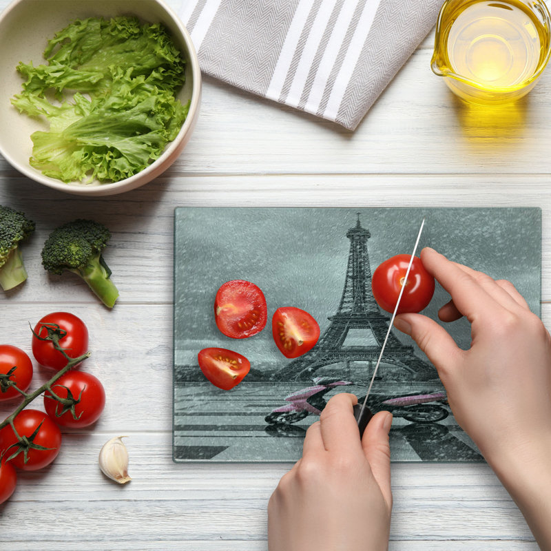 Ambesonne Eiffel Tower Tempered Glass Cutting Board Paris Scene Moped Grey Pink