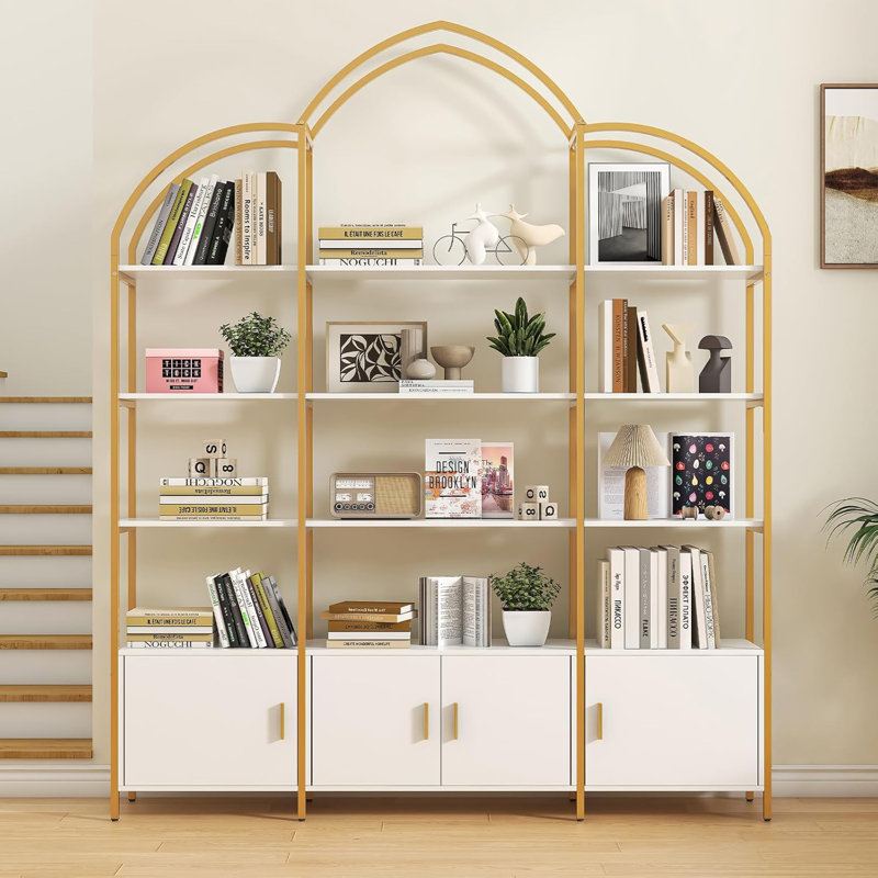 Arched Bookshelves and Bookcases: Triple Wide 5-Tier Large Open Bookshelf, White/Gold